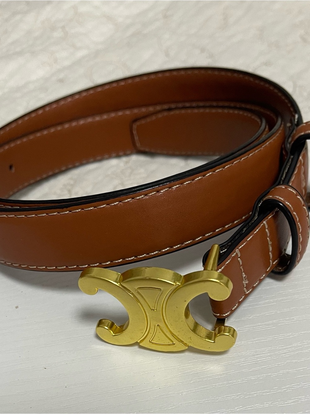 Tan Leather Women's Belt with Gold Double-Crescent Buckle - Picture 6 of 9
